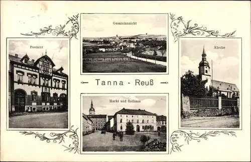 Ak Tanna in Thüringen, Postamt, Gesamtansicht, Markt, Rathaus, Kirche