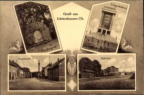 Ak Ichtershausen in Thüringen, Preußengrab, Kriegerdenkmal, Hauptstraße, Bahnhof