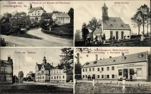 Ak Oberlungwitz in Sachsen, Materialwarenhandlung, Rathaus, Abtei Kirche