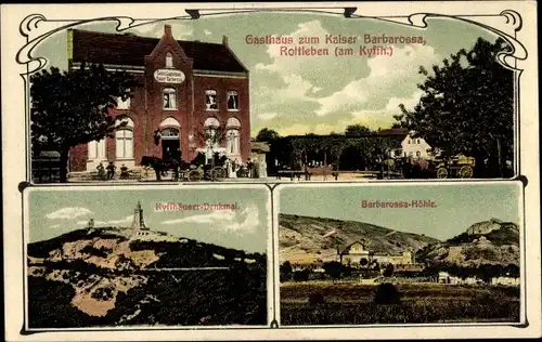 Ak Rottleben am Kyffhäuser Thüringen, Gasthaus Kaiser Barbarossa, Kyffhäuserdenkmal, Barbarossahöhle