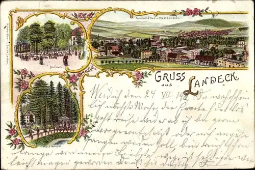 Litho Lądek Zdrój Bad Landeck Schlesien, Kurplatz, Waldtempel, Panorama