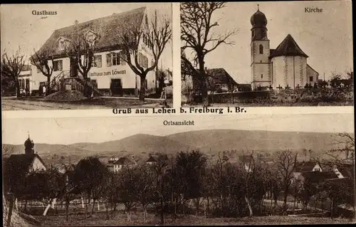 Ak Lehen Freiburg im Breisgau, Kirche, Gasthaus zum Löwen, Blick auf den Ort