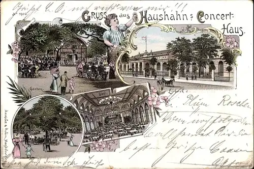 Litho Hansestadt Lübeck, Haushahns Konzerthaus, Garten, Saal