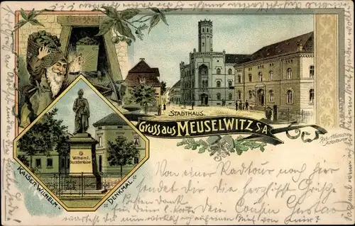 Litho Meuselwitz in Thüringen, Stadthaus, Kaiser Wilhelm Denkmal, Zwerg im Kohlestollen