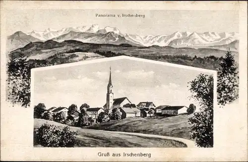 Künstler Ak Felle, Eugen, Irschenberg im Landkreis Miesbach, Panorama vom Ort, Kirche