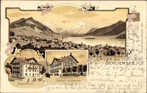 Litho Schliersee inOberbayern, Gasthof zur Seerose, Dependence, Panorama vom Ort
