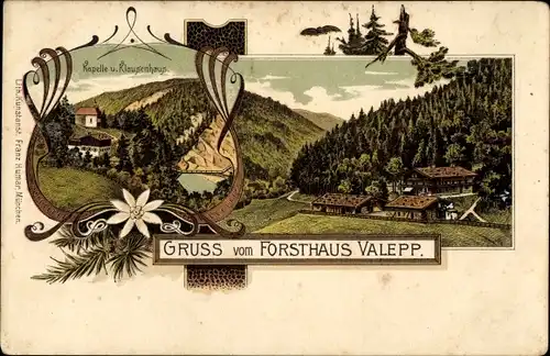 Litho Valepp Schliersee in Oberbayern, Forsthaus Valepp, Kapelle, Klausenhaus