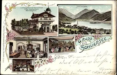 Litho Schliersee in Oberbayern, Ludwig Anwanders Hotel Café Restaurant Wendelstein, Panorama