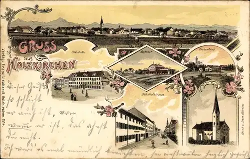 Litho Holzkirchen in Oberbayern, Oberbräu, Bahnhof, Bahnhofstraße, Kirche, Taubenberg