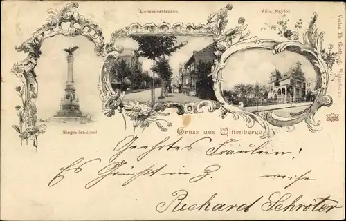 Ak Wittenberge an der Elbe Prignitz, Siegesdenkmal, Lenzenerstraße, Villa Naylor