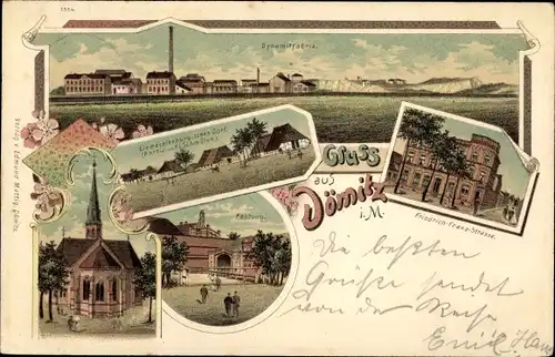 Litho Dömitz an der Elbe, Friedrich Franz Straße, Festung, Dynamitfabrik, Kirche