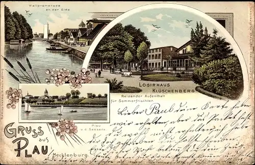 Litho Plau am See Mecklenburg, Logierhaus Klüschenberg, Wallpromenade an der Eide