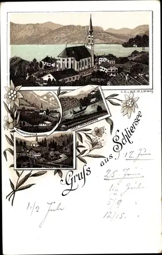 Litho Schliersee in Oberbayern, Kirche, Valepp, Kapelle