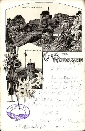 Litho Bayrischzell im Mangfallgebirge Oberbayern, Wendelstein, Kirchlein, Wendelsteinspitze