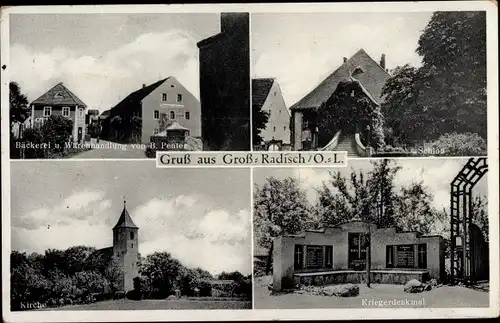 Ak Großradisch Hohendubrau in der Oberlausitz, Schloss, Kirche, Kriegerdenkmal, Bäckerei, Handlung