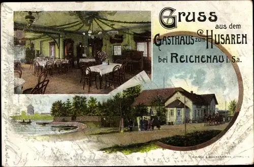 Ak Bogatynia Reichenau in Sachsen Niederschlesien, Gasthaus zum Husaren, Innenansicht