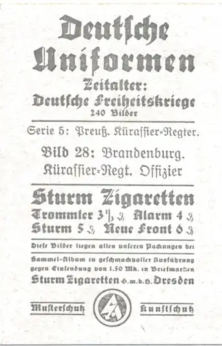 Sammelbild Deutsche Uniformen, Freiheitskriege Nr. 28, Brandenburg. Kürassier-Regt. Offizier