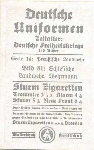 Sammelbild Deutsche Uniformen, Deutsche Freiheitskriege, Nr. 81, Schles. Landwehr, Wehrmann