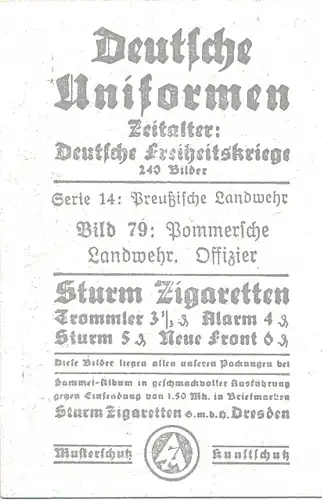 Sammelbild Deutsche Uniformen, Deutsche Freiheitskriege, Nr. 79, Pommersche Landwehr, Offizier