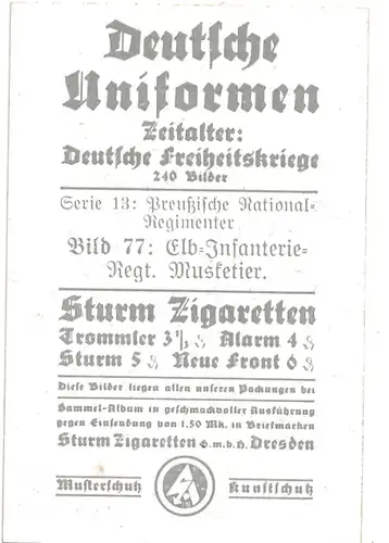 Sammelbild Deutsche Uniformen, Deutsche Freiheitskriege, Nr. 77, Elb-Infanterie-Regt., Musketier