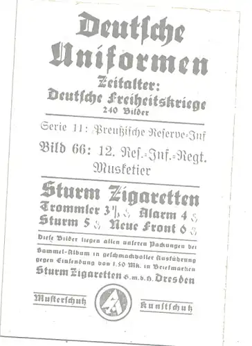 Sammelbild Deutsche Uniformen, Deutsche Freiheitskriege, Nr. 66, 12. Res.-Inf.-Regt., Musketier