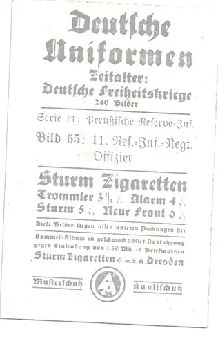 Sammelbild Deutsche Uniformen, Deutsche Freiheitskriege, Nr. 65, 11. Preuß.Res.-Inf.-Regt., Offizier