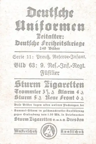 Sammelbild Deutsche Uniformen, Deutsche Freiheitskriege, Nr. 63, 9. Preuß. Res.-Inf.-Regt., Füsilier