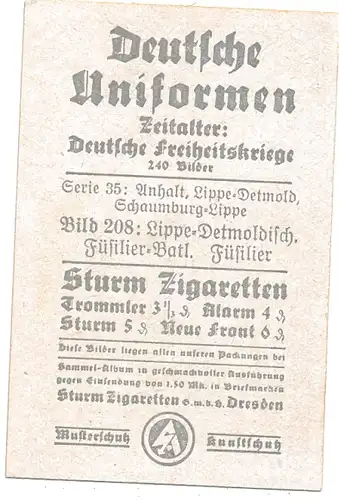 Sammelbild Deutsche Uniformen, Deutsche Freiheitskriege, Nr. 208, Lippe-Detmold. Füssilier-Bat.