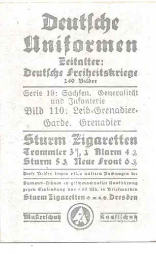 Sammelbild Deutsche Uniformen, Freiheitskriege, Nr. 110, Sachsen, Leib-Grenadier-Garde, Grenadier