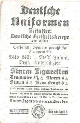 Sammelbild Deutsche Uniformen, Deutsche Freiheitskriege Nr. 240, 1. Westf. Inf.-Regt., Unteroffizier