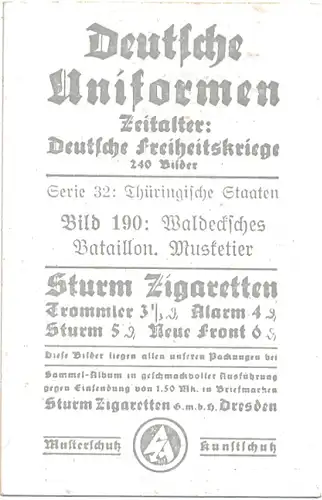 Sammelbild Deutsche Uniformen, Deutsche Freiheitskriege, Nr. 190, Waldecksches Batl. Musketier