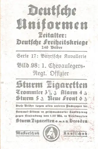 Sammelbild Deutsche Uniformen, Freiheitskriege Nr. 98 Bayr. Kavallerie, 1. Chevaulegers-Regt.