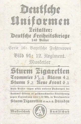 Sammelbild Deutsche Uniformen, Deutsche Freiheitskriege, Nr. 91, Bayern, 12. Regt., Musketier