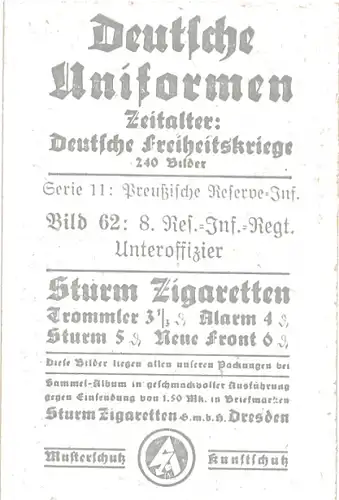 Sammelbild Deutsche Uniformen, Dt. Freiheitskriege Nr.  62, Preuß. 8. Res.-Inf.-Regt., Unteroffizier