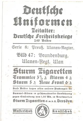 Sammelbild Deutsche Uniformen, Dt. Freiheitskriege, Nr. 47, Preußen, Brandenb. Ulanen-Regt., Ulan