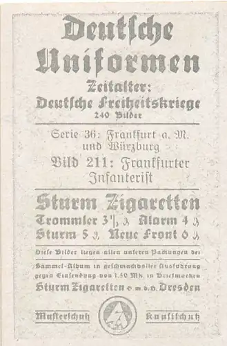 Sammelbild Deutsche Uniformen, Deutsche Freiheitskriege, Nr. 211, Frankfurter Infanterist