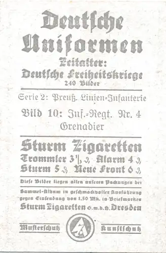 Sammelbild Deutsche Uniformen, Dt. Freiheitskriege Nr. 10, Preuß. Linien Inf.-Regt. Nr. 4, Grenadier