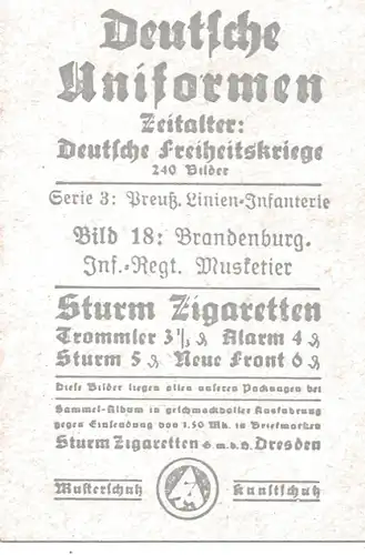 Sammelbild Deutsche Uniformen, Freiheitskriege 18, Preuß. Linien Inf. Brandenb. Inf.-Regt, Musketier