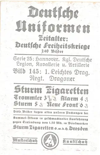 Sammelbild Deutsche Uniformen, Dt. Freiheitskriege, Nr. 145, Hannover, 1. Leichtes Drag.-Regt.