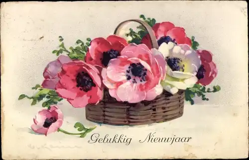 Künstler Ak Klein, Catharina, Glückwunsch Neujahr, Blüten in einem Korb