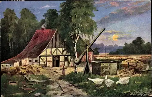 Künstler Ak Present, Bauernhofszene, Brunnen, Gänse