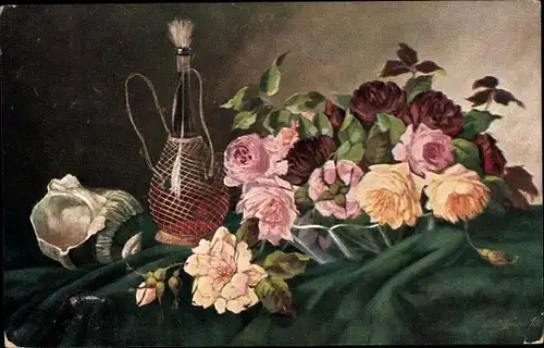 Künstler Ak Stillleben, Rosenblüten, Weinflasche