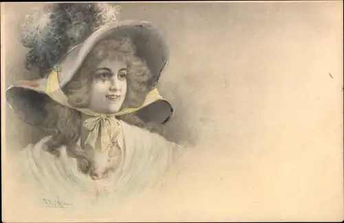 Künstler Ak Wichera, Portrait einer blonden Frau mit Hut