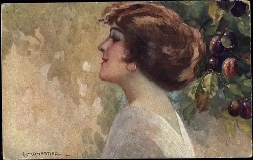 Künstler Ak Monestier, C., Portrait einer Frau, Pflaumen