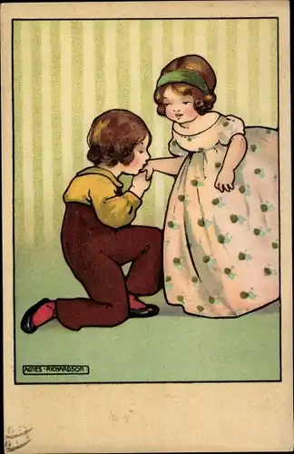 Künstler Ak Richardson, Agnes, Junge küsst Mädchen die Hand