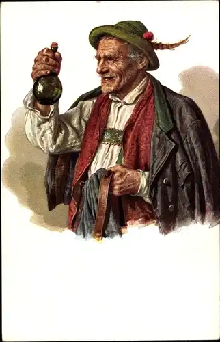 Künstler Ak Charakterköpfe, alter Mann in Tracht, Lederhose, Lederjacke, Schnapsflasche