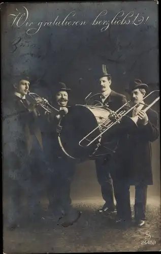 Ak Glückwunsch Geburtstag, Männer mit Musikinstrumenten