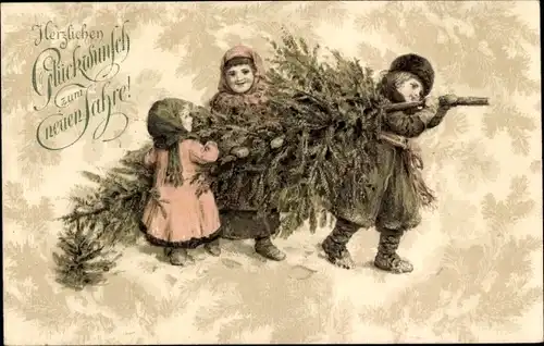 Litho Glückwunsch Neujahr, Kinder tragen einen Tannenbaum