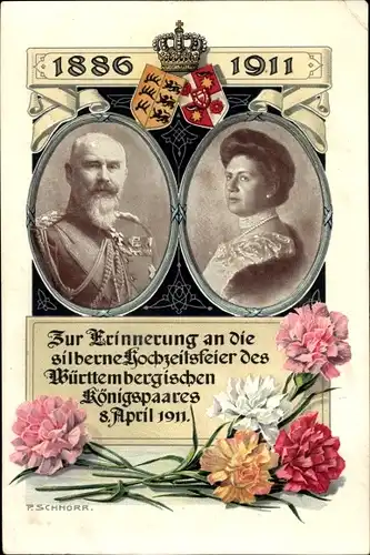 Ak König Wilhelm II. von Württemberg, Marie zu Waldeck und Pyrmont, Silberhochzeit 1911, Wappen