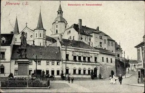 Ak Meerane in Sachsen, Bismarckplatz mit Bismarckdenkmal, Zum Gambrinus